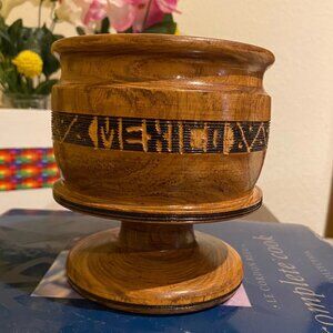 Vintage Heavy Artisan Carved Wood Candle Holder / Flowerpot Mexican Handmade 5''
